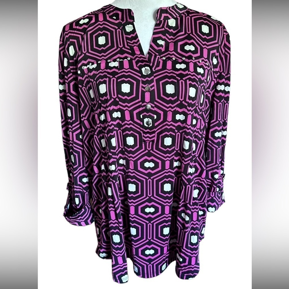 COCOMO XL Pink Black 3/4 sleeve women's Pintuck Blouse top shirt